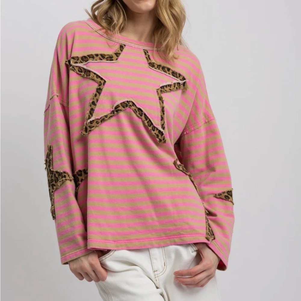 Leopard Star Pink Striped Sweatshirt